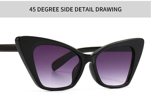 Detailed 45-degree side view of black cat-eye sunglasses with purple gradient lenses