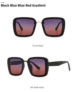 Detailed front and side views of black square sunglasses with blue red gradient lenses