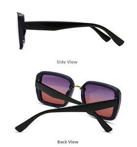 Detail view of bold black square sunglasses featuring gradient lenses and gold bridge