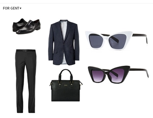 Flat lay of vintage cat eye sunglasses paired with a stylish men business suit and bag