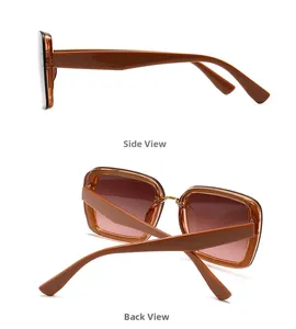Detail view of square frame sunglasses in tortoiseshell finish with side and back angles