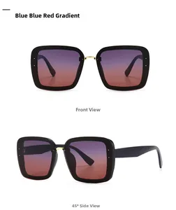 Detail of square oversized sunglasses featuring blue red gradient lenses and gold bridge