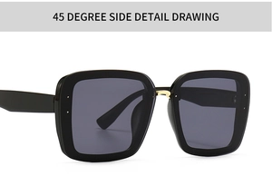 Detailed 45 degree side view of black square sunglasses with silver rivets and gold bridge