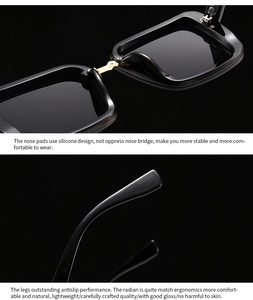 Detail of square sunglasses showing golden bridge, silicone nose pads and ergonomic temples