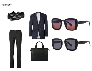 Flat lay of men's business accessories including leather shoes, briefcase, and sunglasses