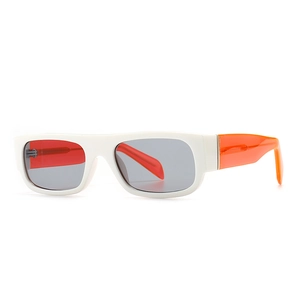 Modern rectangle white frame retro sunglasses with orange temples and grey lenses