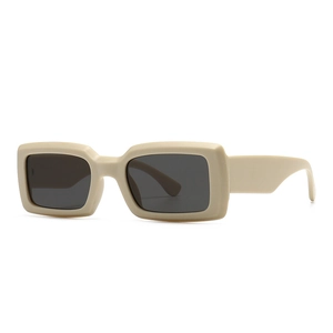 Retro square beige wide frame sunglasses with dark gray lenses in a stylish 45-degree view