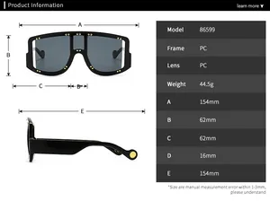 Detailed size chart for retro oversized shield sunglasses with frame dimensions and specifications