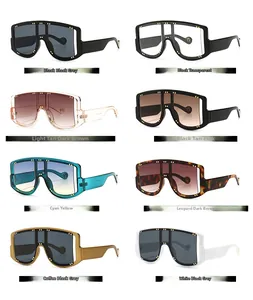Matrix layout of retro shield sunglasses with gold rivets in eight fashion colors