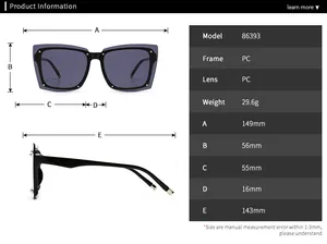 Detailed size chart for square frame sunglasses with precise PC lens and frame dimensions
