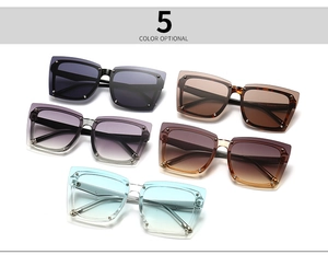 Detailed view of square oversized sunglasses in five colors with metal rivet accents