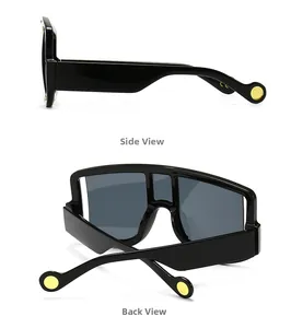 Side and back view of retro oversized black shield sunglasses with wide temple studs