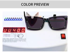 Sunglasses lens showing UV400 protection level on a professional testing device