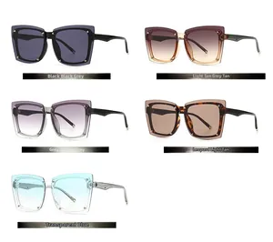 Multiple stylish square sunglasses shown with metallic rivet details in diverse colors