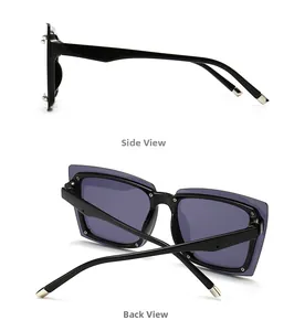 Detail view of square black sunglasses showing silver metal tips on the temple arms