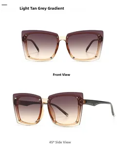 Front and side view of square sunglasses with light tan gradient lenses and metal rivets