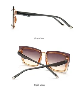 Detail view of square sunglasses with gradient lenses and translucent amber frames