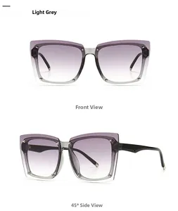 Detail view of square sunglasses with grey frames and purple gradient lenses from two angles