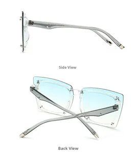 Detail view of square rimless sunglasses showing side and back frames with silver accents