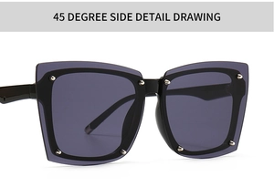 Close-up 45-degree side view of black square sunglasses with silver metal rivets