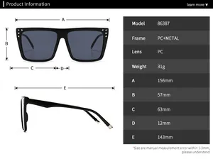 Detailed size chart for retro square sunglasses showing dimensions and PC metal materials