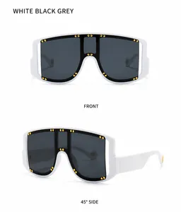 Front and 45-degree side view of white mask sunglasses with gold rivet accents