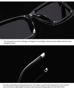 Detail of square sunglasses frame with silicone nose pads and ergonomic temple tips
