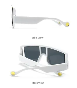 Detail view of white shield sunglasses featuring side rivets and yellow temple tips