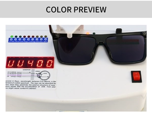 Detail showing UV400 protection testing on square black sunglasses with digital reader