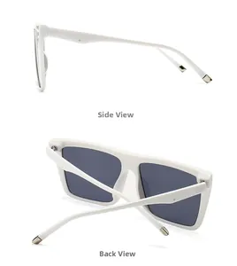 Detail view showing side and back of white square frame sunglasses with silver tips