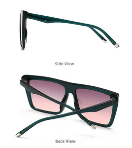 Detail of square dark green sunglasses with gradient lenses and gold temple accents