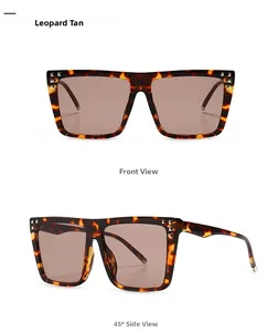 Front and 45-degree side view of vintage leopard tortoiseshell square rivet sunglasses