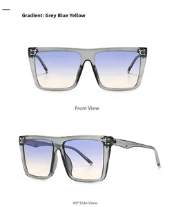 Square oversized sunglasses with transparent grey frame and blue-yellow gradient lenses