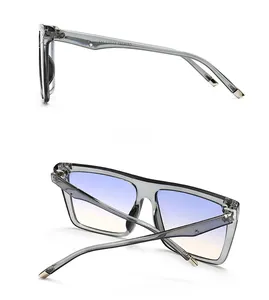 Detailed side and back view of modern square sunglasses with gradient blue lenses