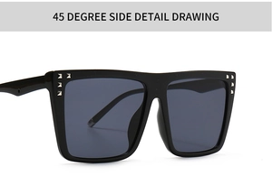 Close-up of square sunglasses with silver rivet accents and polished black frames