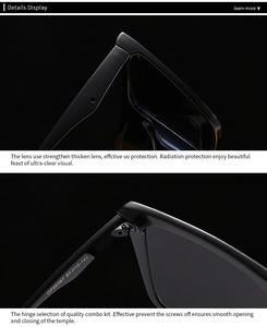 Detailed close-up of square frame sunglasses with UV protection lenses and durable hinges