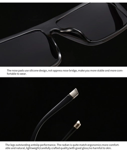Detail view of comfortable silicone nose pads and ergonomic glossy temple tips on sunglasses