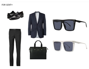 Flat lay of men's business set with black leather shoes, suit, briefcase and sunglasses