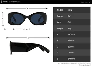 Size chart for vintage wide-leg sunglasses with detailed dimensions and material info