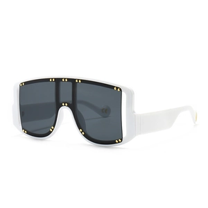 Modern oversized white shield sunglasses with gold rivets and dark grey lenses for women