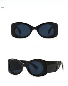 Front and 45-degree side view of black thick frame sunglasses with dark grey lenses