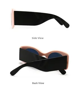 Side and back view of retro pink sunglasses with wide black legs and dark lenses