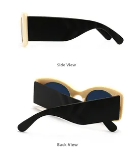 Detailed side and back views of wide-arm retro sunglasses with cream frame and blue lenses