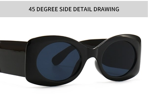45-degree side detail of vintage black rectangle sunglasses with wide temples