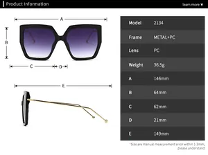 Detailed size chart for retro oversized square sunglasses with metal frame dimensions