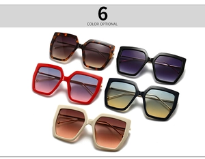 Flat lay display of 6 color options for oversized retro geometric sunglasses with gradient lenses