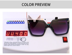 Detailed demonstration showing UV400 protection on gradient purple square sunglasses