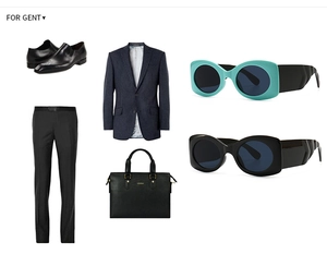 Flat lay of business casual outfit including retro sunglasses and brogue leather shoes