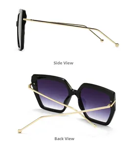 Side and back view of retro square black sunglasses with purple gradient lenses