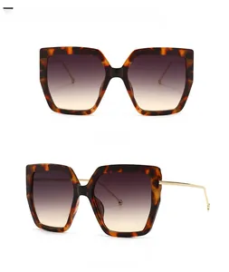 Detailed view of leopard print oversized sunglasses with grey yellow gradient lenses